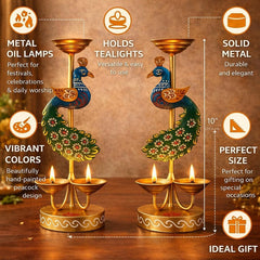Metal Peacock Candle Holder Set of 2, 21.5 CM Height Handpainted, Tealight Holders, House Decoration, Diwali Gifting Items, Christmas