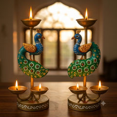 Metal Peacock Candle Holder Set of 2, 21.5 CM Height Handpainted, Tealight Holders, House Decoration, Diwali Gifting Items, Christmas